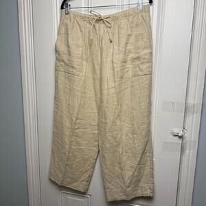 Wide Leg Cropped 100% Linen Pants Womens Medium Tan Drawstring High Rise Beachy